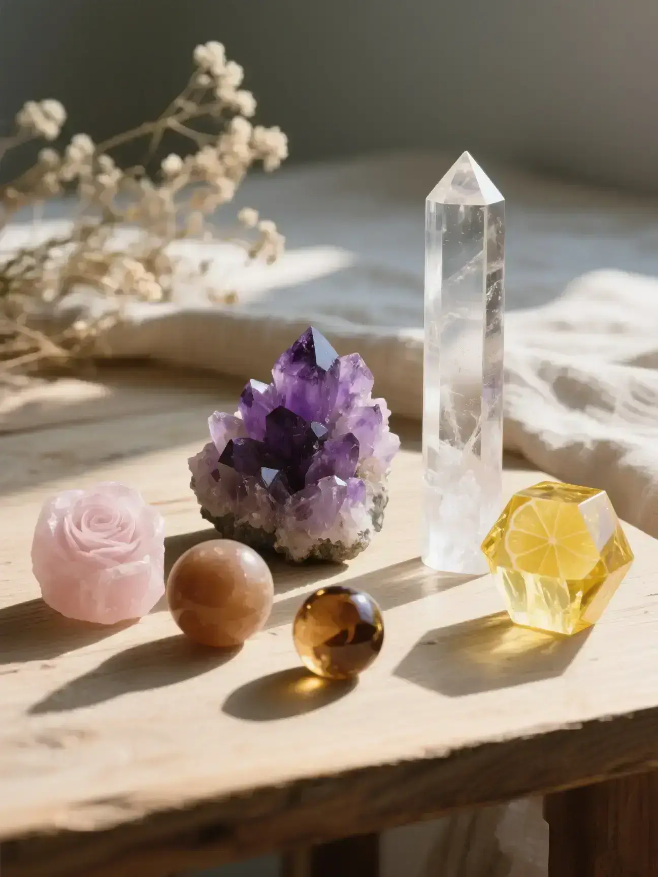 AuraCharming amethyst, clear quartz, rose quartz, smoky quartz, and citrine crystals arranged for chakra alignment