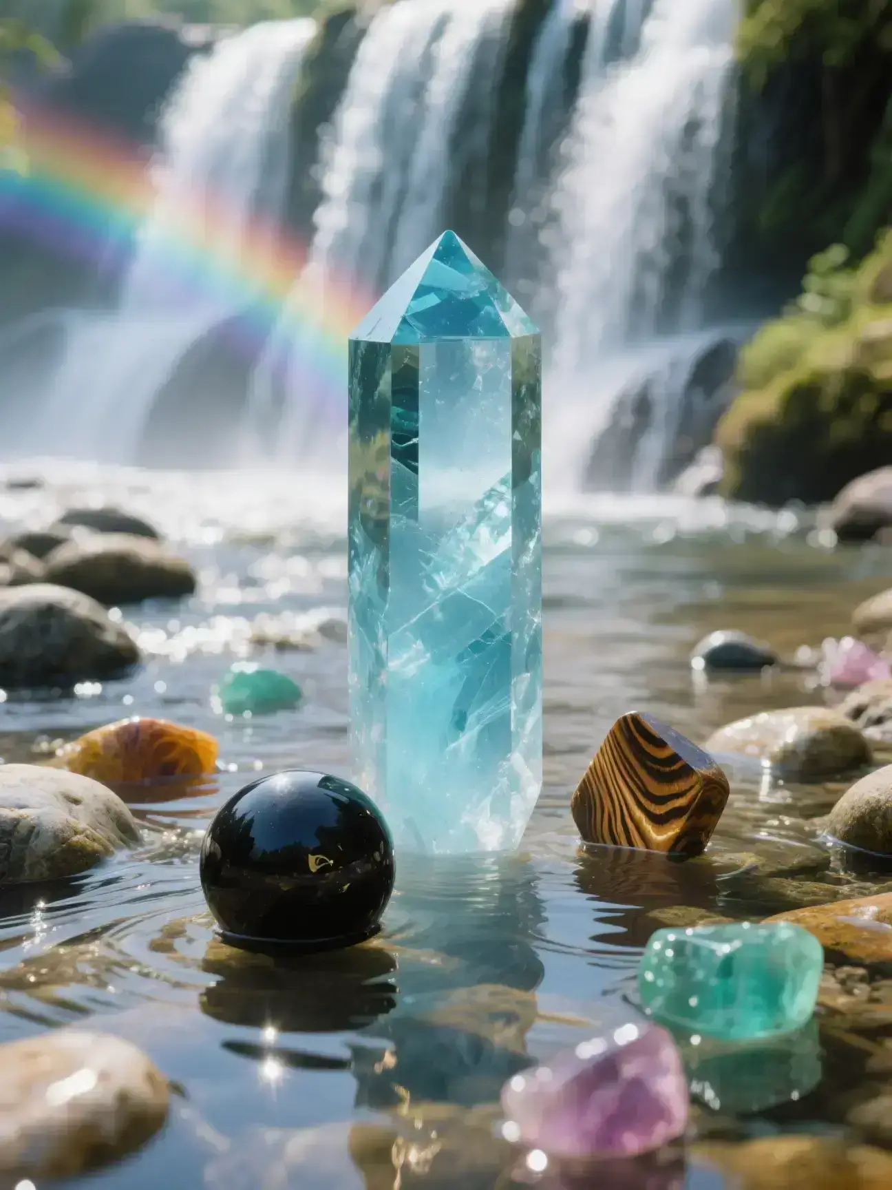 AuraCharming aquamarine, obsidian, tiger’s eye, and tourmaline crystals in waterfall setting