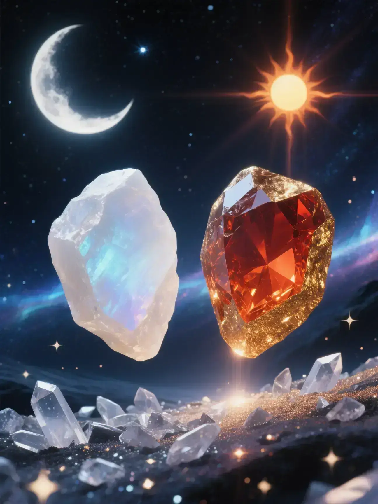 AuraCharming moonstone with blue adularescence and sunstone with golden schiller under celestial light
