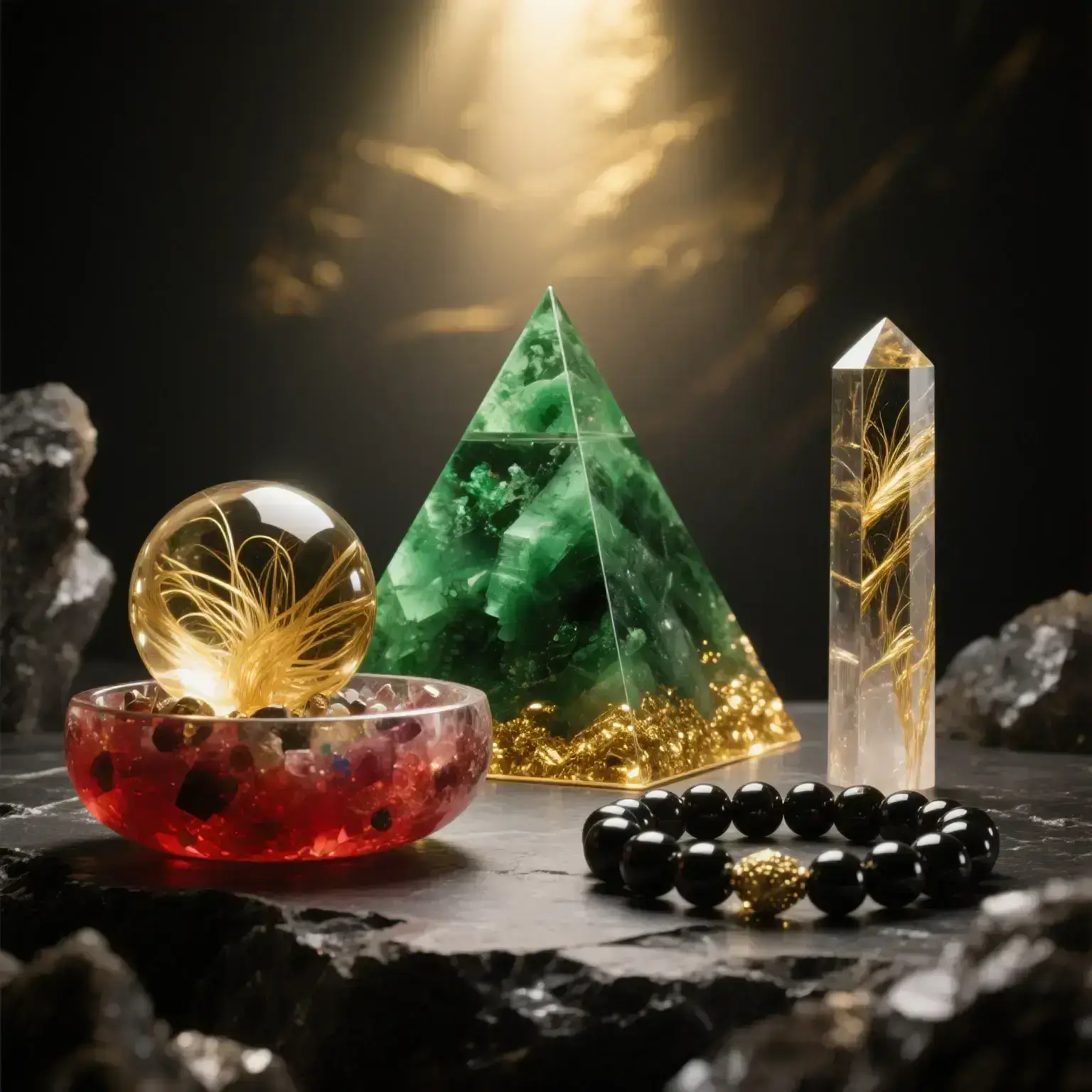 AuraCharming green phantom quartz, rutile needles, and titanium-infused inclusion quartz on volcanic rock