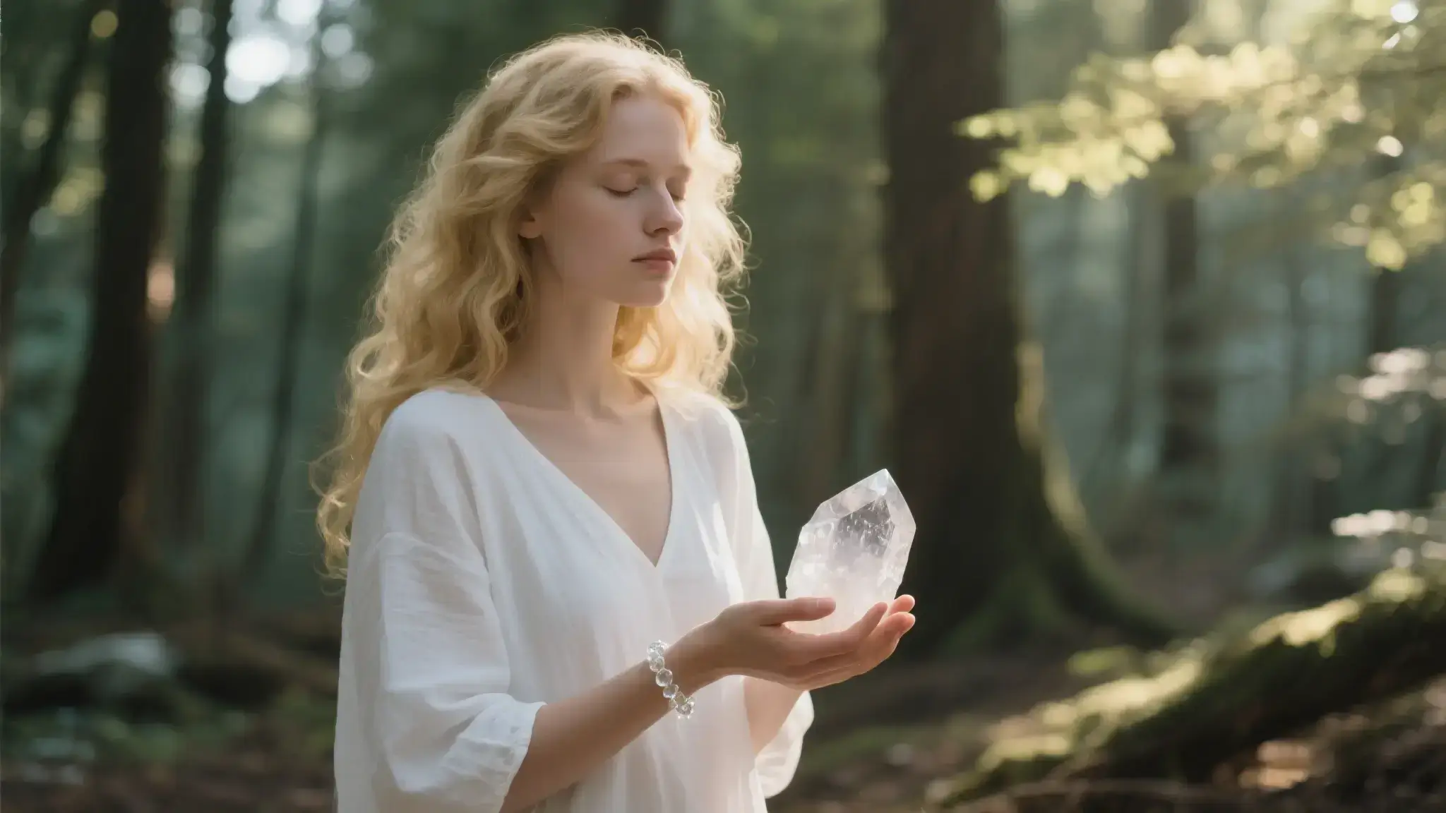 Auracharming crystals for anxiety relief – Mindful woman meditating with amethyst cluster & rose quartz bracelet in misty forest