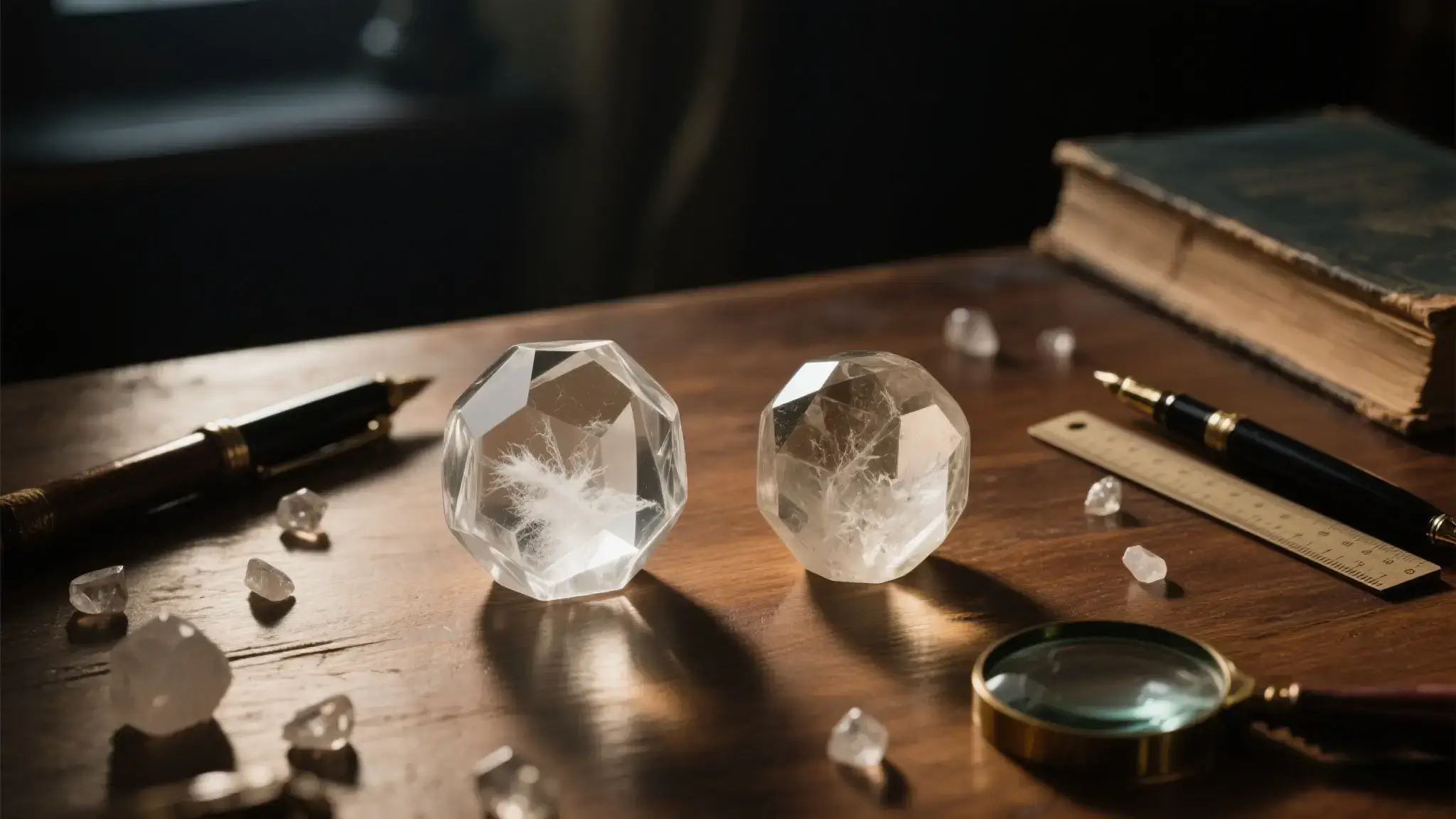 Auracharming crystal authentication workshop: Real and fake quartz stones compared on wooden desk with magnifying glass, ruler, notebook, and gemology book under warm light