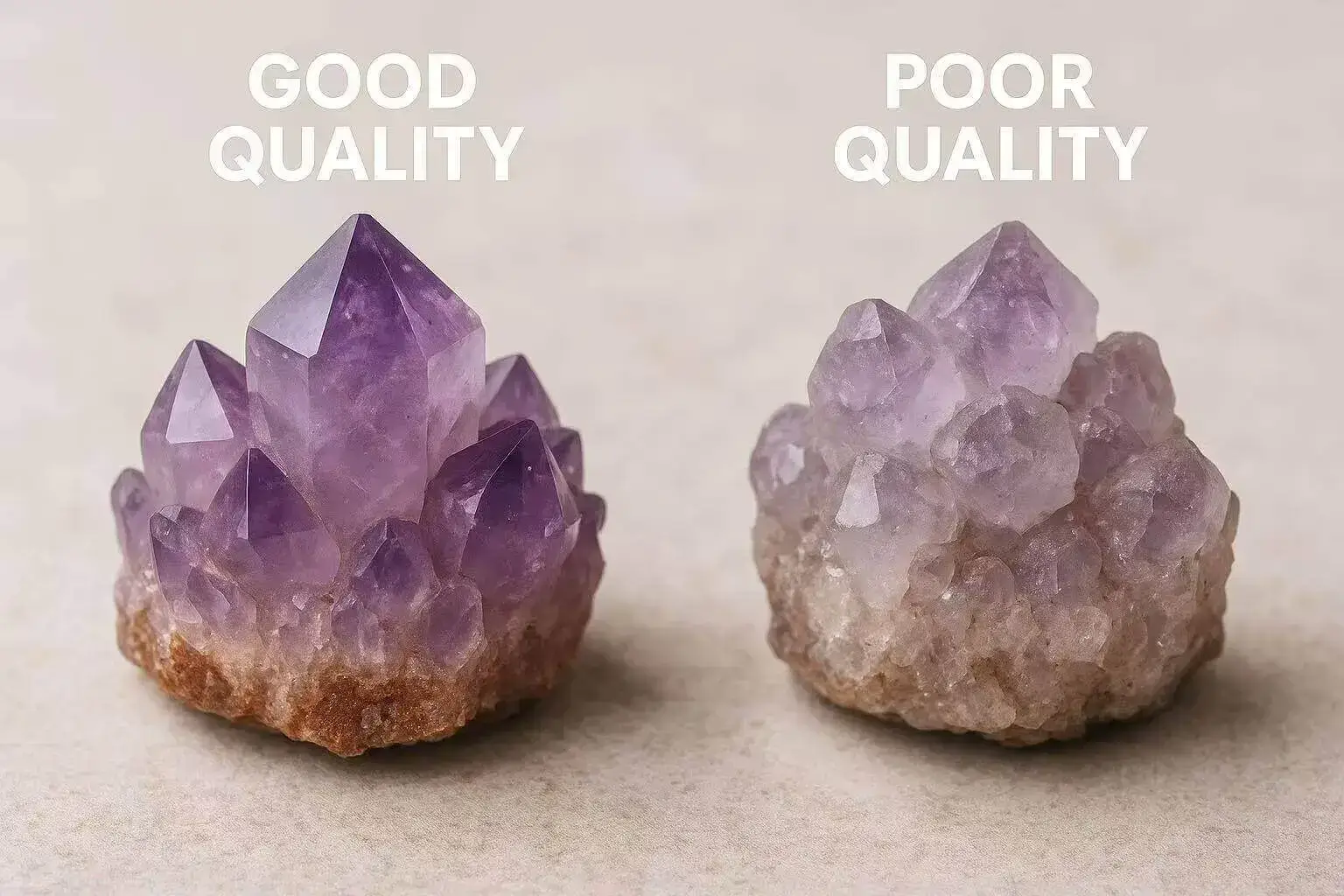 Auracharming premium vs low-grade amethyst cluster comparison for crystal buyers