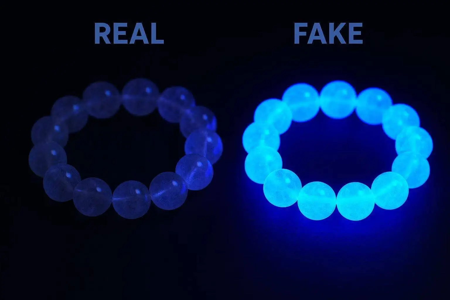Auracharming blacklight test comparing glowing real crystal bracelet vs fake beads