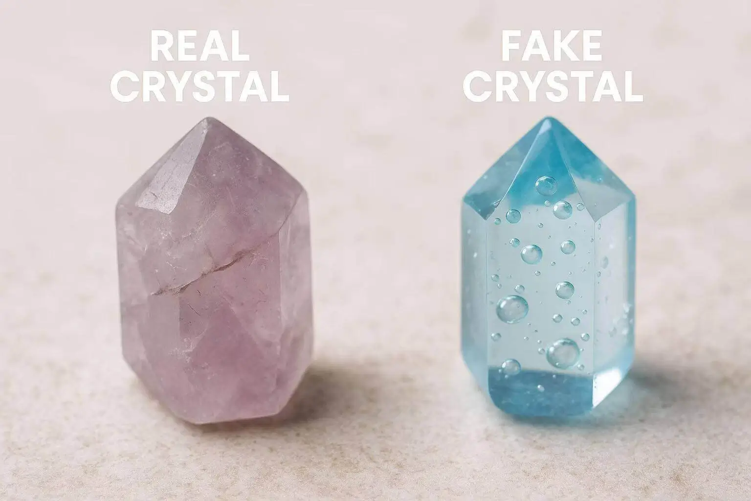 Auracharming real vs fake crystal macro comparison showing natural imperfections vs manufactured perfection