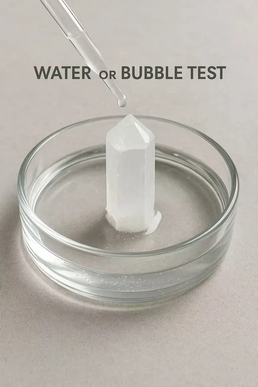 Auracharming crystal authenticity water test showing real stone bubbles vs fake reactions