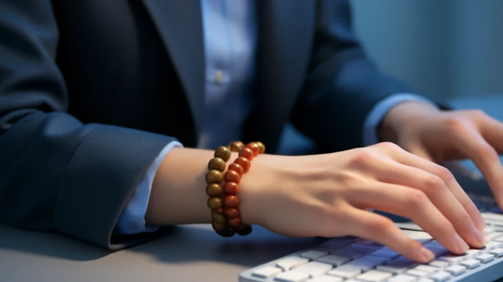 Professional woman typing with stacked tiger eye and red agate crystal bracelet for women, office empowerment jewelry