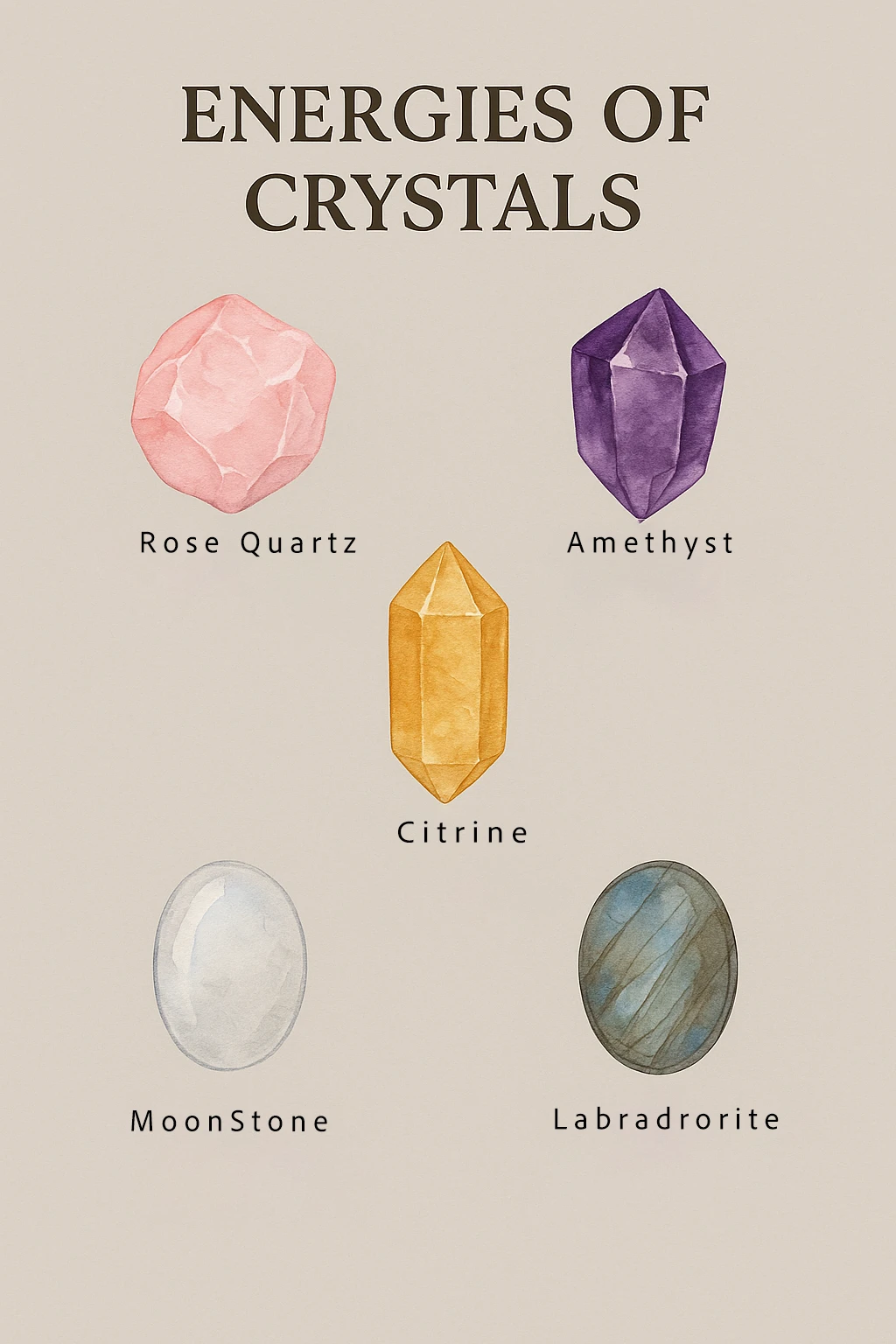 Infographic: Crystal bracelet for women energy meanings - Love (rose quartz), Calm (amethyst), Wealth (citrine), Intuition (moonstone), Protection (labradorite)