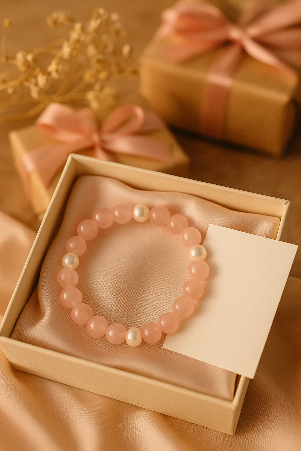 Elegant gift box with rose quartz and pearl crystal bracelet for women, ideal birthday/anniversary present