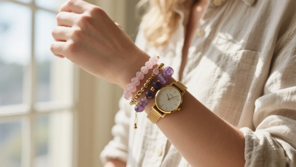 Fashionable woman stacking multiple crystal bracelets for women with gold watch, boho-chic style