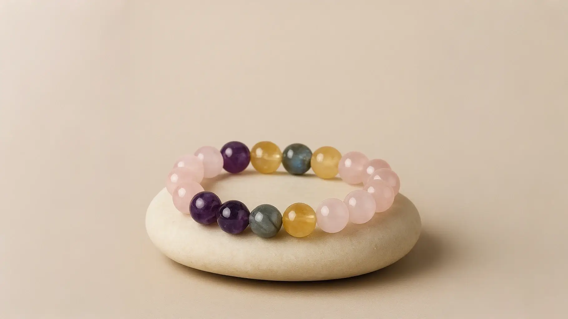 Natural rose quartz and amethyst crystal bracelet for women by AuraCharming, spiritual healing jewelry on wooden tray