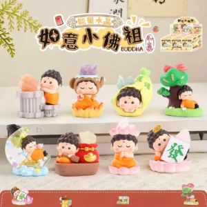 Auracharming Crystal Buddha Blind Box opened collection of 8 crystal figurines displayed on tiered table for spiritual healing
