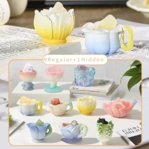 Auracharming Crystal Flower Blind Box full collection display - all 9 regular crystal flower pairs plus the secret hidden Rose Pyrite rare item