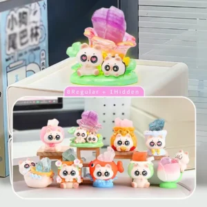 Auracharming Crystal Siamese Cat Blind Box full collection display - all 8 regular crystal cat figurines plus the secret hidden glow-in-the-dark Fluorite rare item