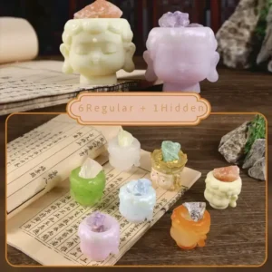 Guardian Buddha Crystal Blind Box full set reveal: 6 regular crystals and 1 secret green crystal around opened packaging