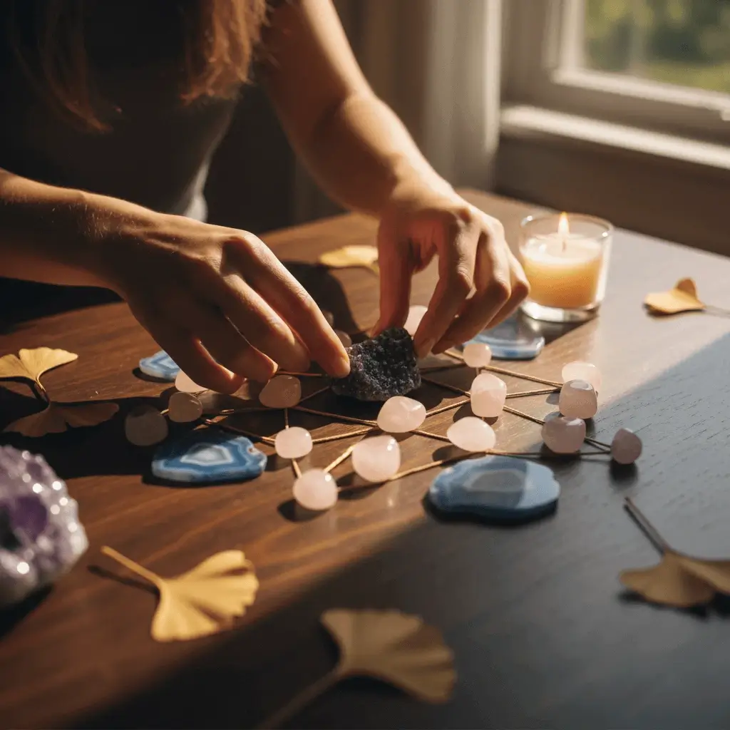 Creating Libra season crystal balance ritual grid with autumn setup