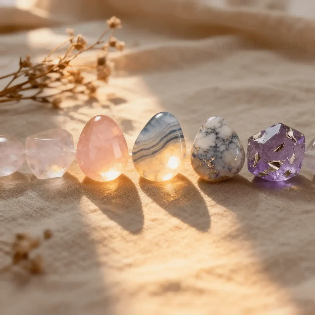 Libra season crystal collection featuring rose quartz, blue lace agate, and lepidolite