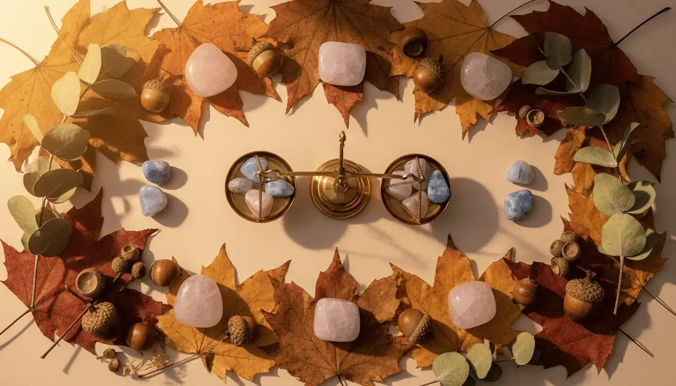 Libra season crystals flat lay — rose quartz, blue lace agate, lepidolite on autumn leaves background