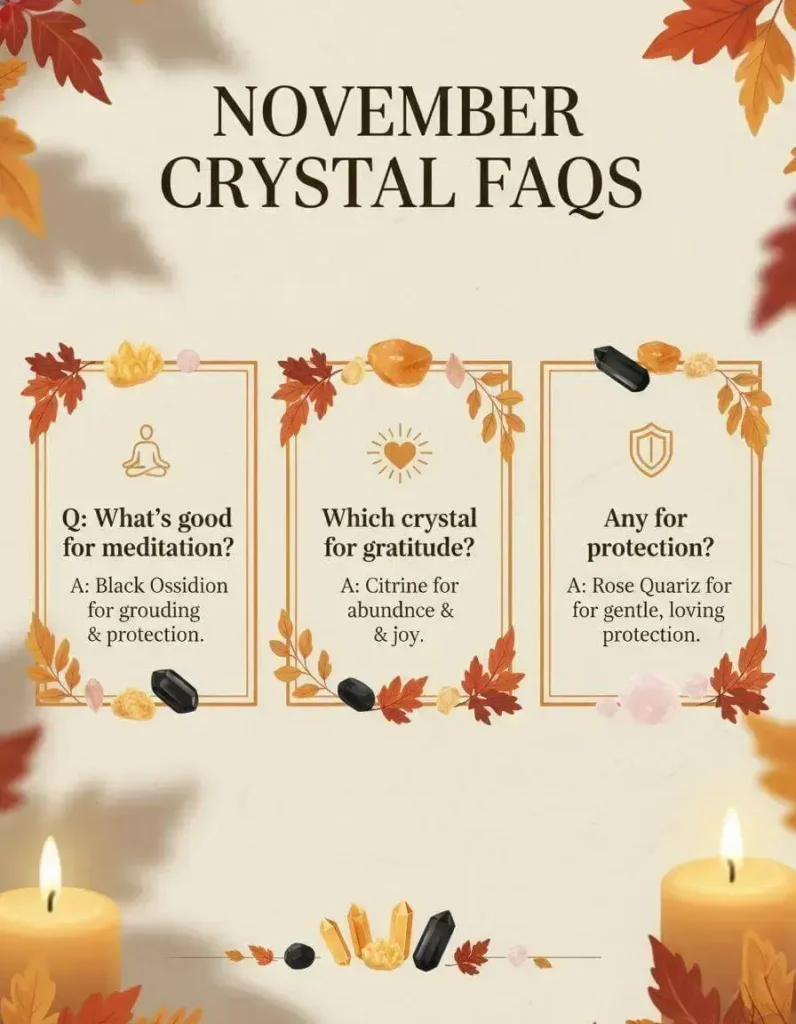 FAQ infographic featuring November crystals — Citrine, Black Obsidian, and Rose Quartz with autumn-themed design
