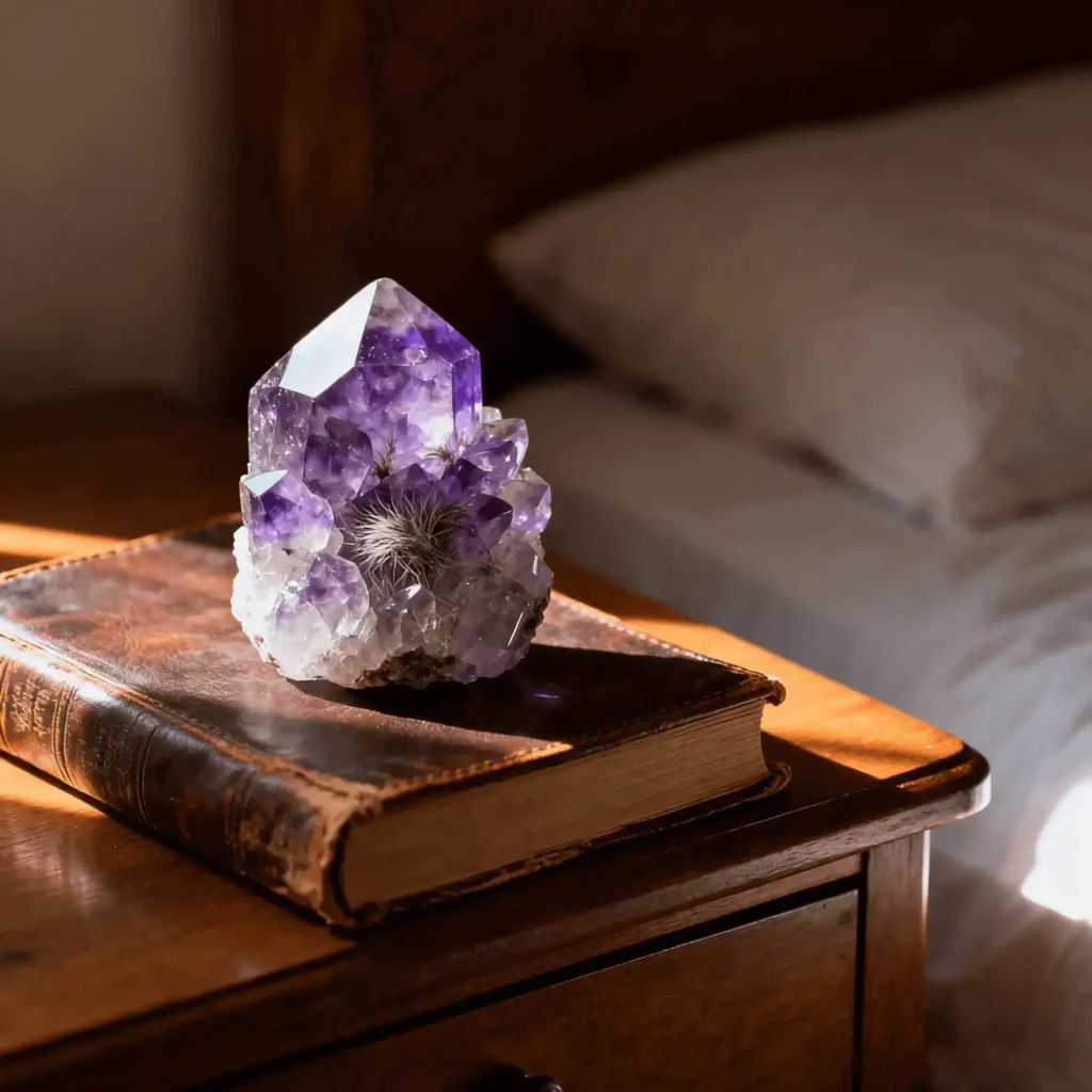 Amethyst crystal for sleep glowing beside a candle and book.