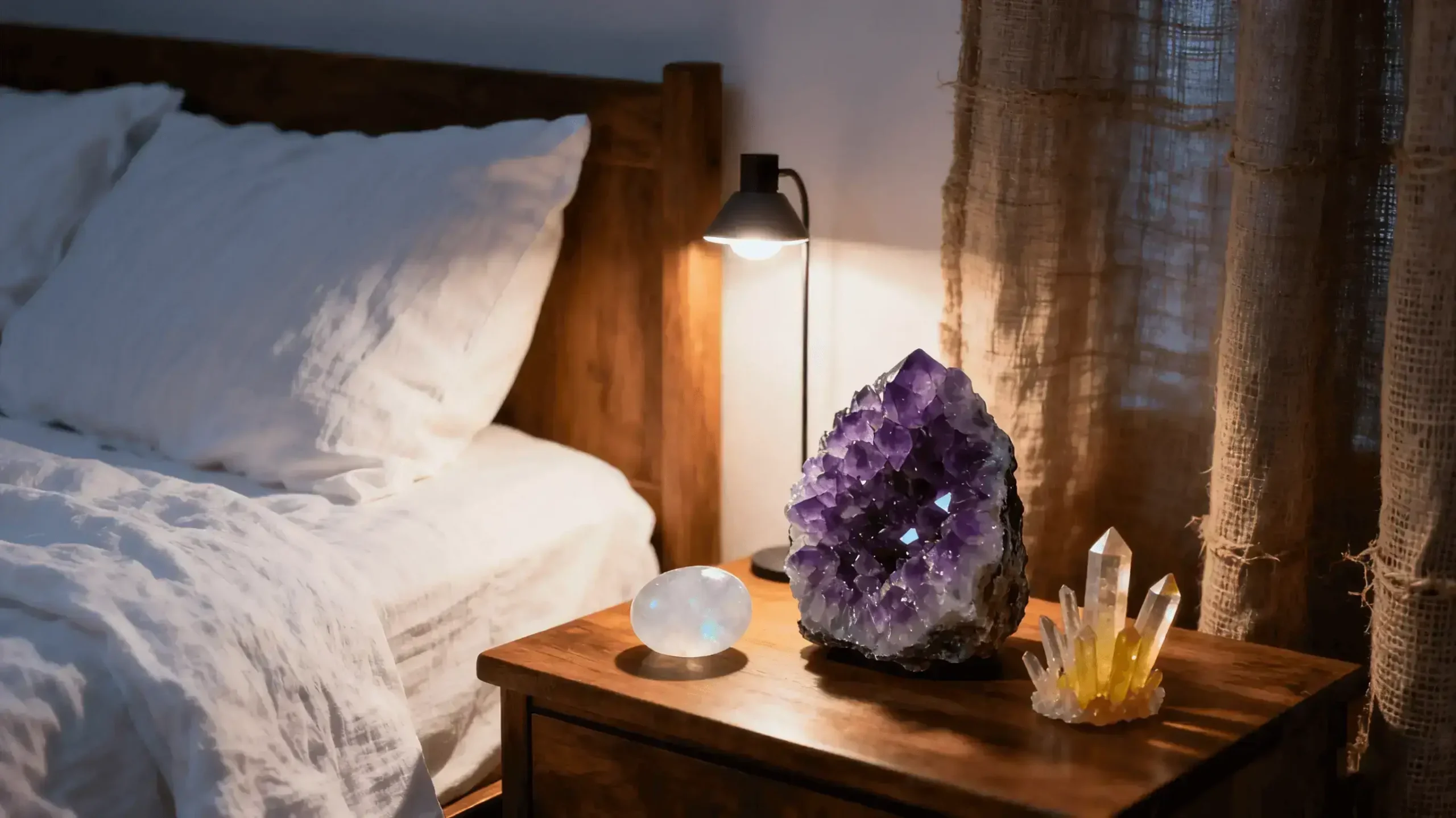 AuraCharming crystals for sleep arranged on a minimalist bedside table with soft linen.