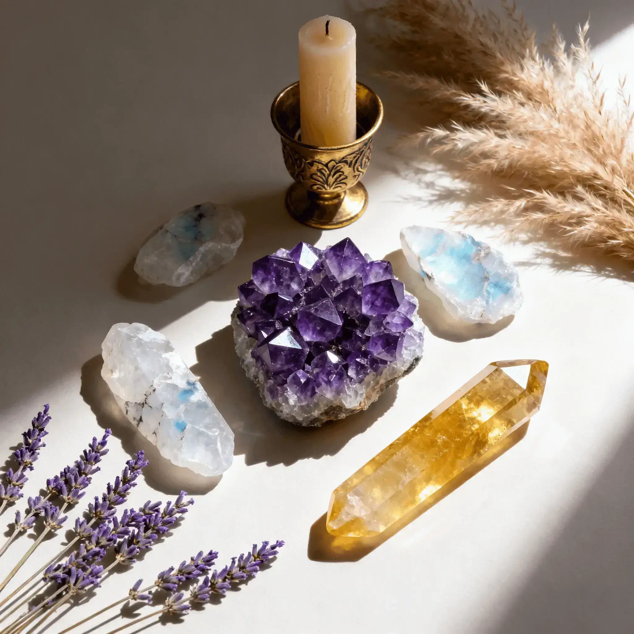Sleep crystal grid with amethyst, moonstone, and selenite for peaceful rest.