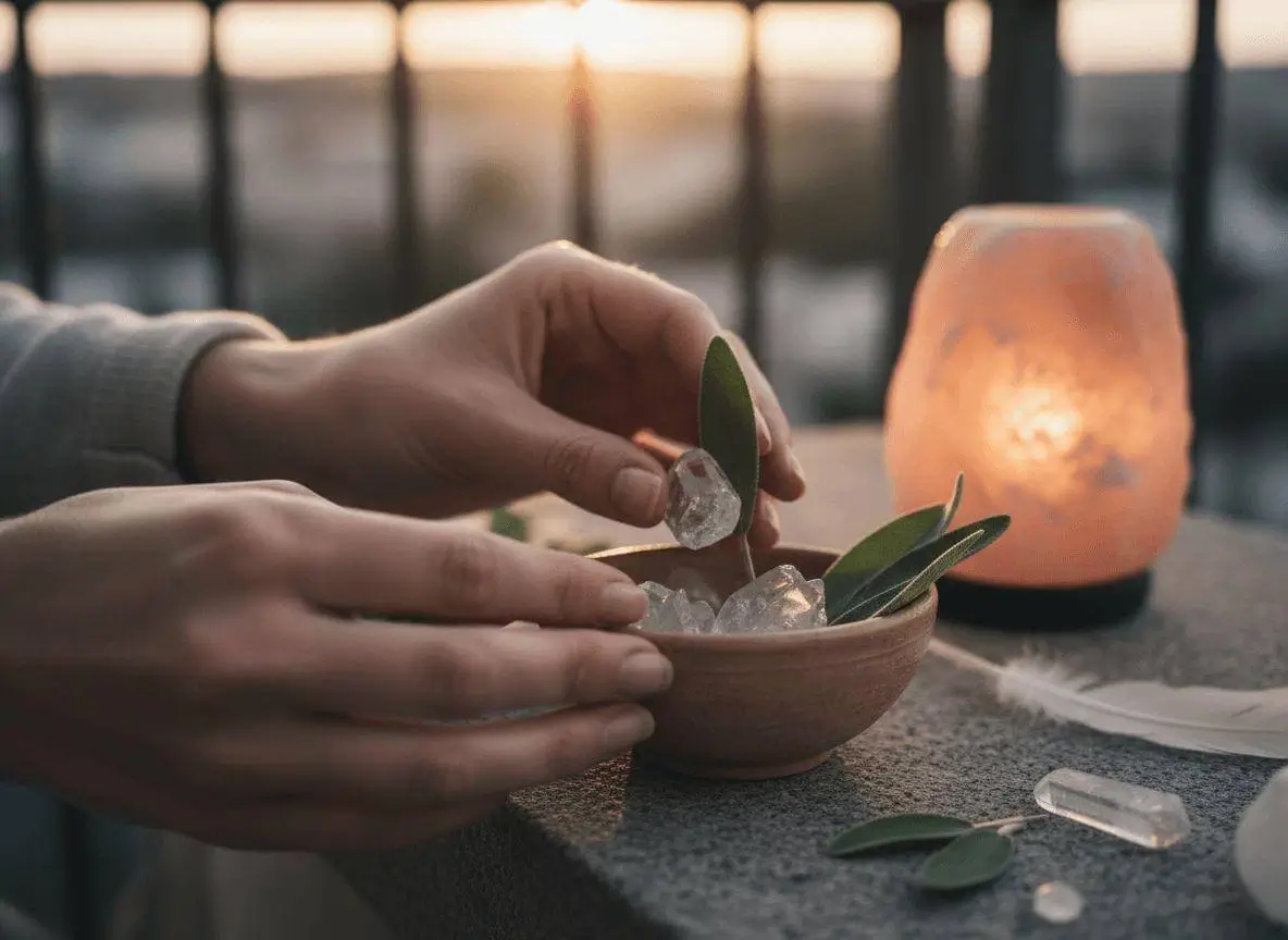 A person performing a ritual with broken crystal beads, showing gratitude and release