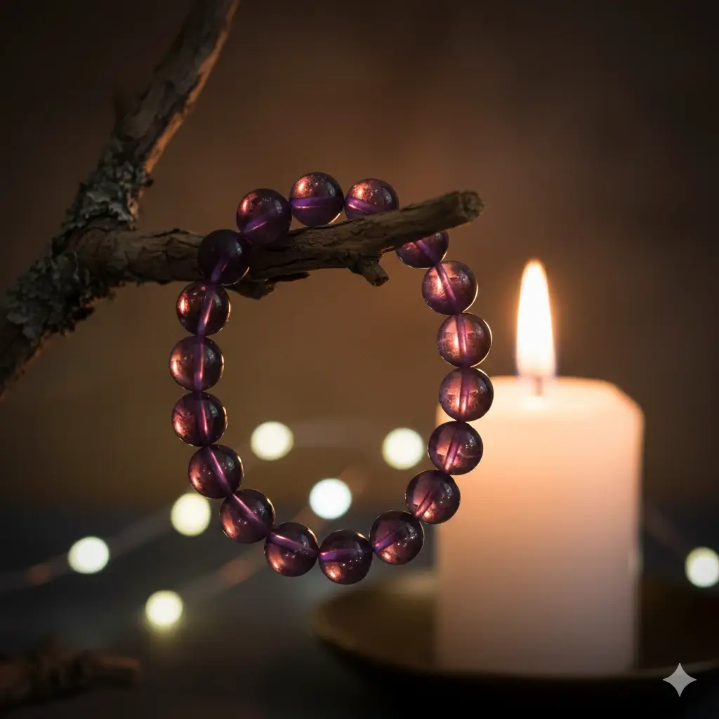 Close-up of Amethyst bracelet for enhancing intuition and calmness