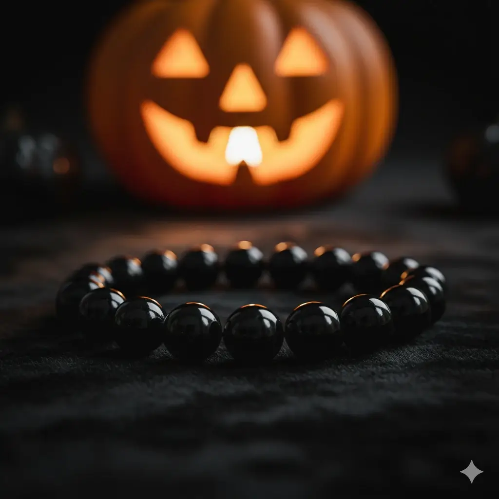 Close-up of Black Tourmaline bracelet for halloween protection and grounding.