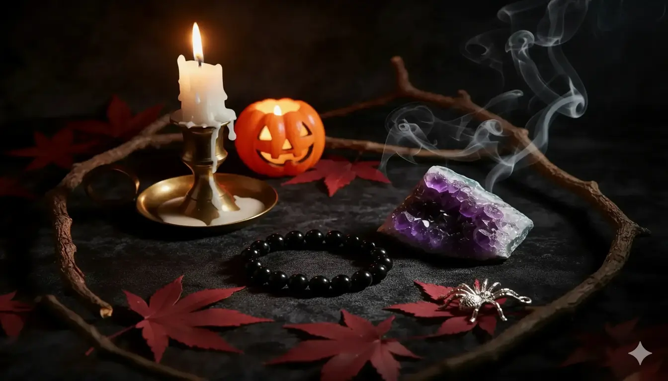 A beautifully styled flat-lay of natural crystal jewelry for halloween, featuring Black Tourmaline bracelet and Amethyst cluster with mystical Halloween atmosphere.