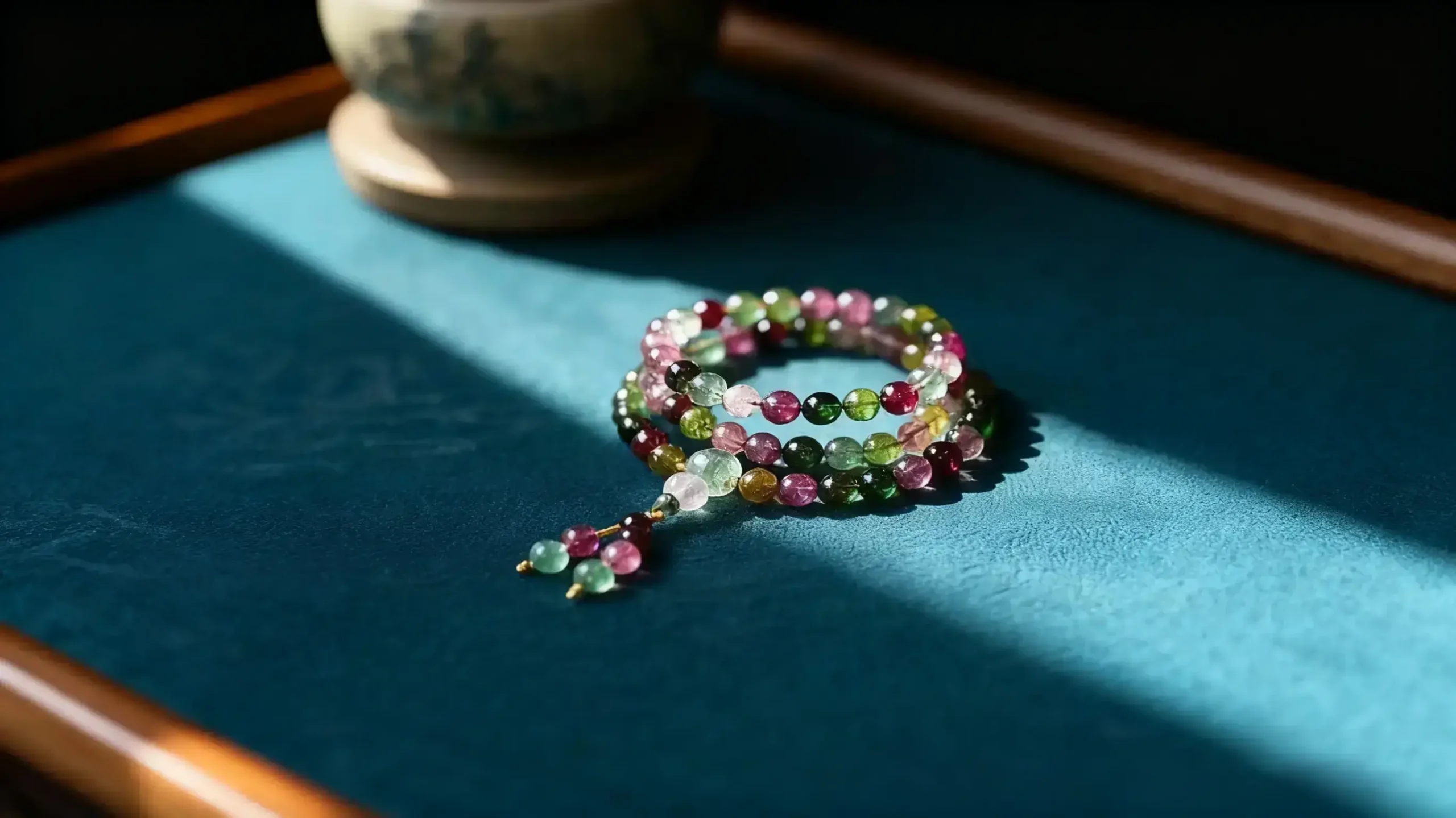 A powerful display of October birthstone crystals featuring various Tourmaline wands and jewelry on a dark background