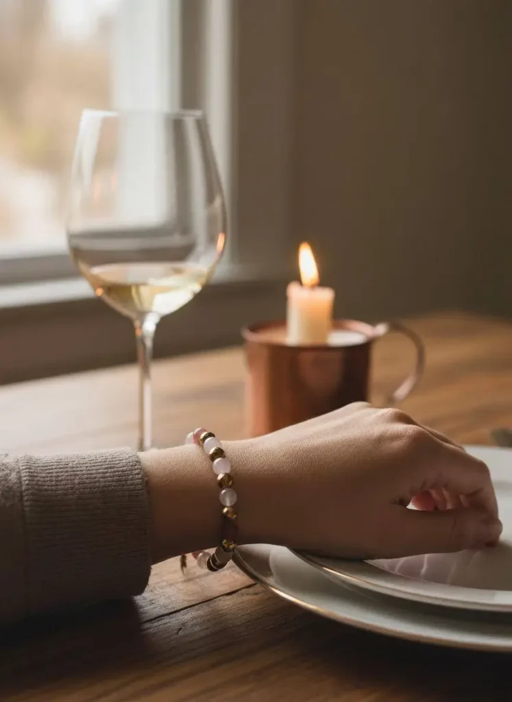 AuraCharming 2025 Gratitude Crystal Bracelet featuring Pyrite, Rose Quartz, and Clear Quartz on a festive table for Thanksgiving ritual
