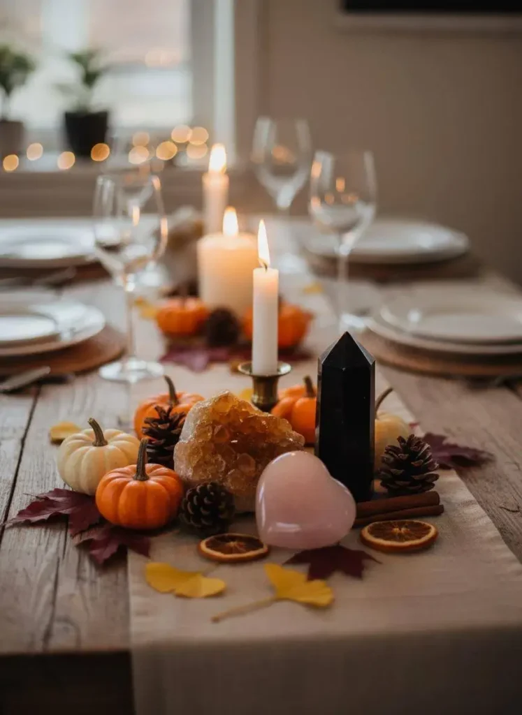 Cozy Thanksgiving table with a crystal centerpiece.