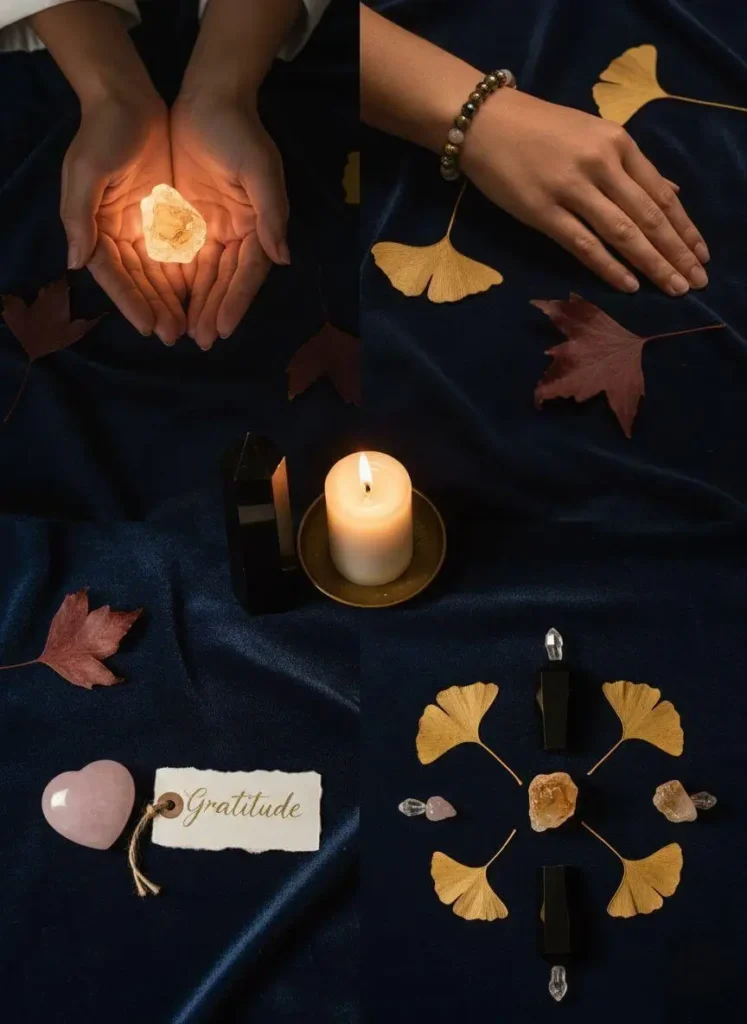 Five-step visual guide for 2025 Thanksgiving crystal ritual with clear instructions