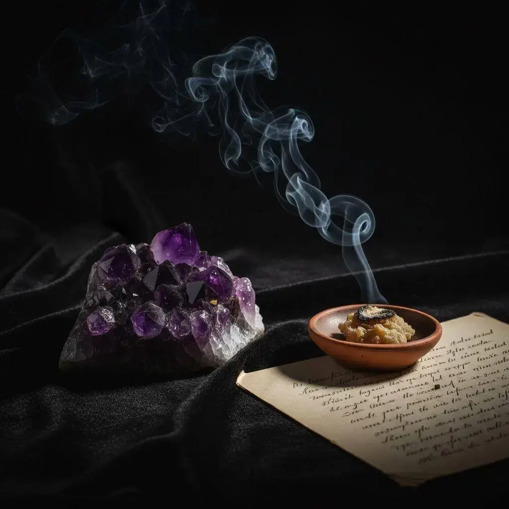 Amethyst cluster with copal incense on spiritual altar
