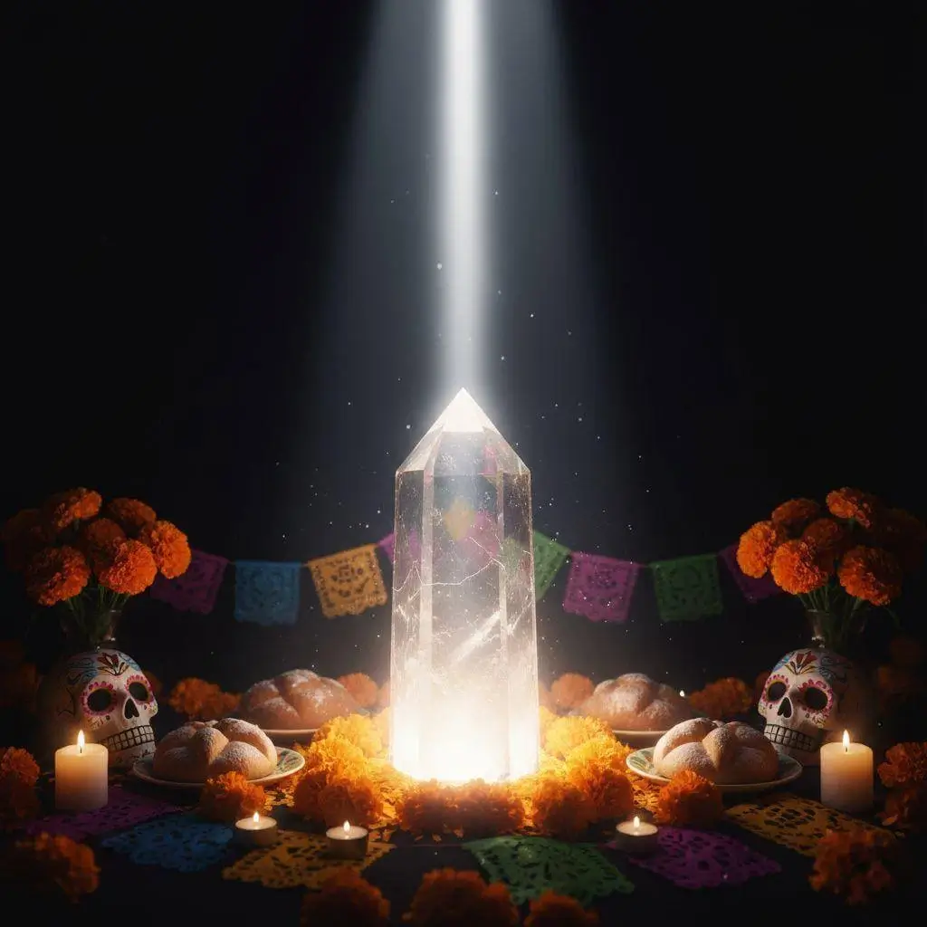 Clear quartz crystal glowing with light on Día de Muertos altar