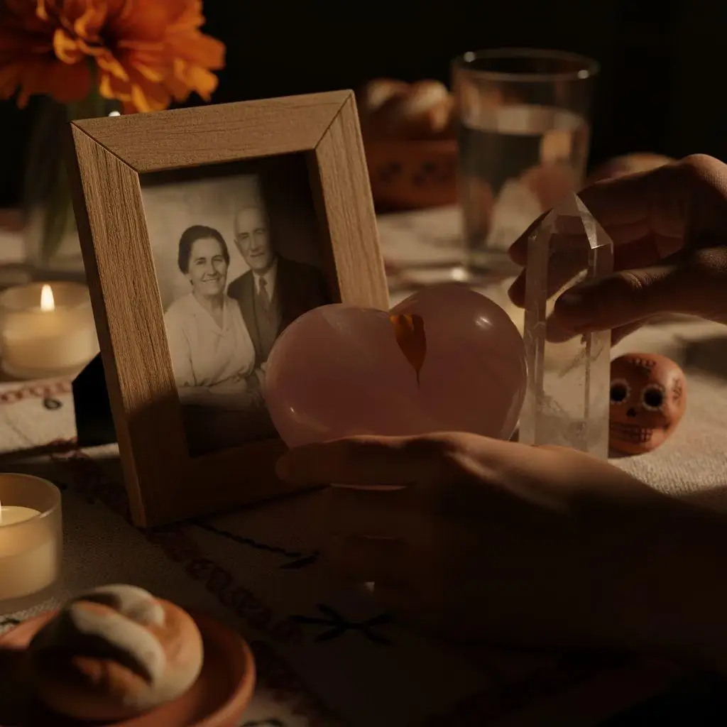 Hands carefully arranging crystals on a Día de Muertos altar with traditional elements like marigolds and candles
