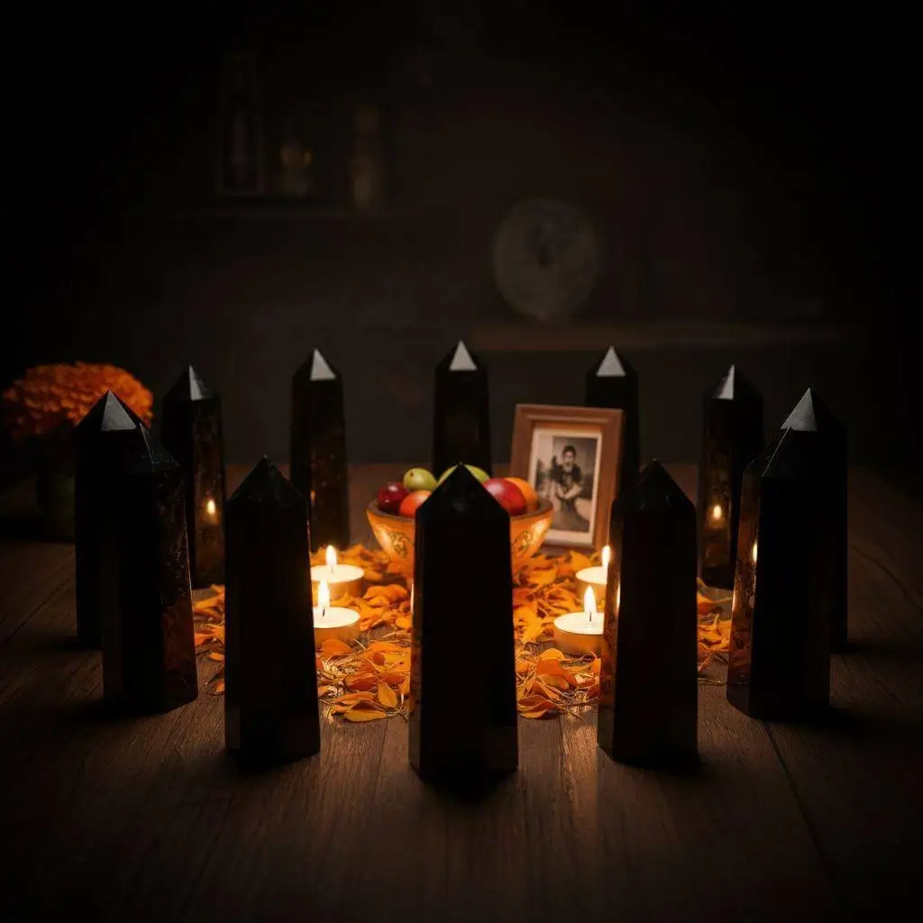 Black obsidian towers creating protective boundary around altar