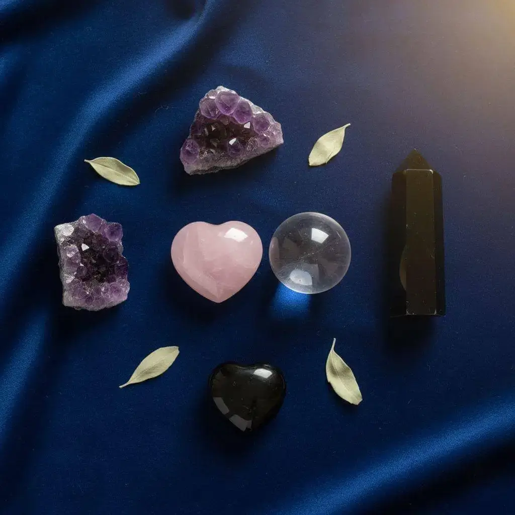 A selection of crystals perfect for Día de Muertos altars including rose quartz, clear quartz, amethyst and obsidian