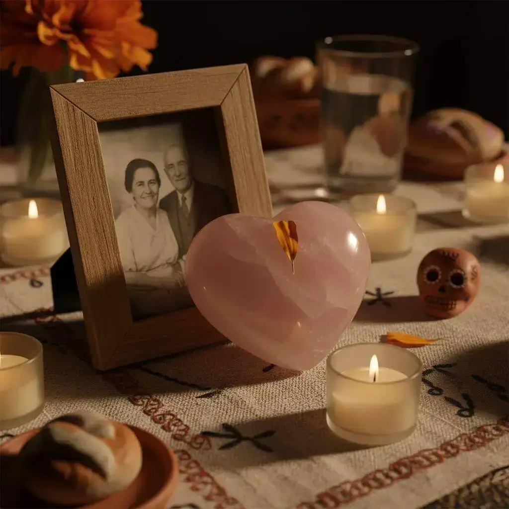 Rose quartz heart placed beside ancestor photos on Día de Muertos altar with marigolds